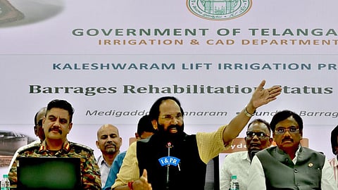 Irrigation and Civil Supplies Minister N Uttam Kumar Reddy addresses a press conference at the Secretariat on Saturday, outlining the time-bound roadmap for the rehabilitation of the Medigadda, Annaram and Sundilla barrages