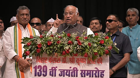 Congress President Mallikarjun Kharge addresses the gathering during an event marking the 139th birth anniversary of Shri Krishna Singh, also known as 'Bihar Kesari' and the first Chief Minister of the state, in Patna, Oct. 25, 2026.