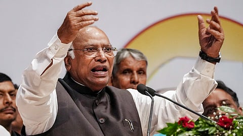 Congress President Mallikarjun Kharge addresses the gathering during an event marking the 139th birth anniversary of Shri Krishna Singh, also known as 'Bihar Kesari' and the first Chief Minister of the state, in Patna, Sunday, Oct. 25, 2026.