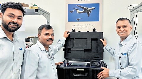 Retired Rear Admiral VM Mohandoss and members of the KARC team with Ejection Seat Actuator Assembly Tester developed for Air Force