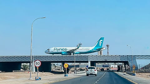 A Flynas plane lands at King Khalid International Airport in Riyadh on September 19, 2026