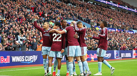 Aston Villa's Nicolas Jackson, centre, celebrates with teammates after scoring his side's opening goal during the English Premier League soccer match between Aston Villa and Manchester City in Birmingham, England, Saturday, Oct. 24, 2026.