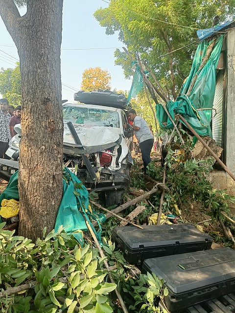 The mangled remains of the car that met with an accident in Madhya Pradesh’s Dewas district on Sunday.