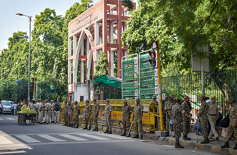 Security beefed up outside the Jamia Millia Islamia University, in New Delhi, Monday, Oct. 26, 2026. Jamia Millia Islamia on Monday ordered that students' union elections be held within 15 days of the approval of the union's constitution and revoked suspension and show-cause notices issued to students during the ongoing protest, according to an official order.