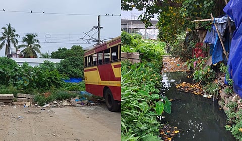 Thick vegetation behind parked buses at Ernakulam bus station (left), clogged drainage canal near the depot.