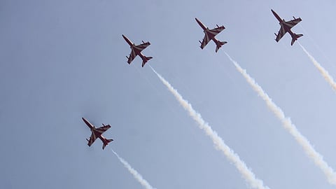 'Showstoppers of today's aerial display': Surya Kiran squadron leader at "Wings Over Ganges" air show in Varanasi.