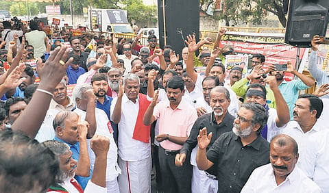 CPM state secy P Shanmugam joins the demonstration on Monday.