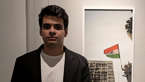 Artist and Photographer Raihan Vadra, son of Congress leader Priyanka Gandhi Vadra, with one of his photographs at Bikaner House, in New Delhi, Wednesday, Oct. 21, 2026.