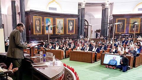 Lok Sabha Speaker Om Birla addresses the gathering during the BRICS 12th Parliamentary Forum, at Parliament House, in New Delhi, Monday, Oct. 26, 2026.