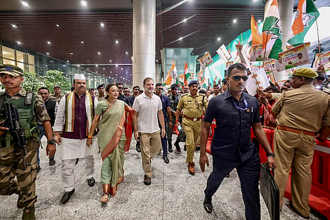 In this image posted on Oct. 26, 2026, LoP in the Lok Sabha Rahul Gandhi being welcomed by Congress leaders and workers, at Lucknow Airport.