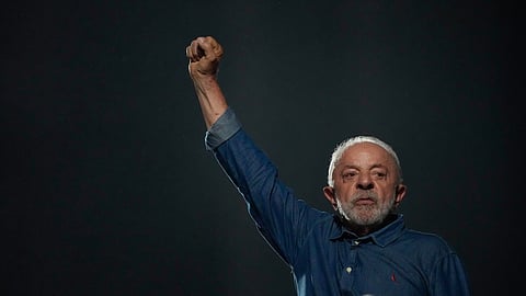 President Luiz Inacio Lula da Silva addresses supporters during a victory rally after winning a fourth term in the presidential runoff on Paulista Avenue in Sao Paulo, Brazil, Sunday, Oct. 25, 2026.