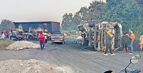 The fire initially broke out due to a short circuit inside the air-conditioned cabins of the trucks.