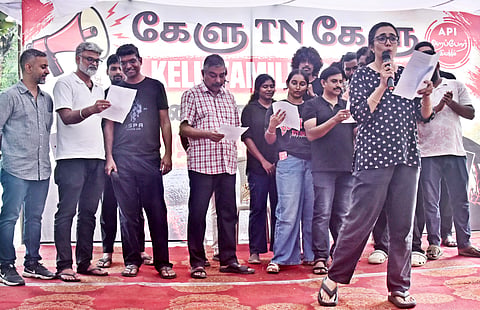 Arappor Iyakkam staging a protest at Rajarathinam Stadium