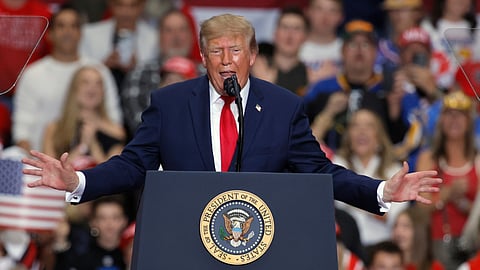 US President Donald Trump speaks during a campaign rally at McMorran Place Arena in Port Huron, Mich., Sunday, Oct. 25, 2026.