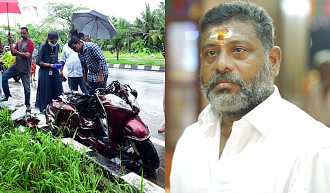 A forensic expert examines the completely wrecked scooter of Jayabalakrishnan on Container Road in Cheranalloor, Kochi (left), 55-year-old Jayabalakrishnan, who was killed in the accident.