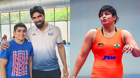 (From left) Neelam with her coach Parvesh Rathi. Wrestler Kajal