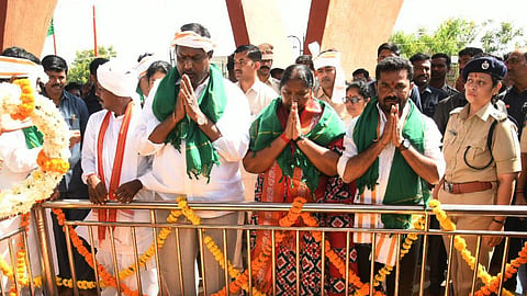 Adluri Laxman Kumar, Seethakka and others pay tributes to Komaram Bheem on his death anniversary in Jodeghat in Komaram Bheem Asifabad district on Monday.