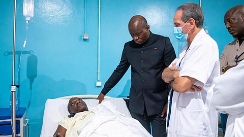 Gabon President Brice Clotaire Oligui Nguema visits a survivor injured during the sinking of the Borr Prospector 5 oil rig off the coast of Mayumba on October 27, 2026
