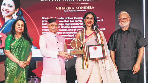 TNIE CEO Lakshmi Menon, Governor of Telangana Shiv Pratap Shukla, Niharika Konidela, Editorial Director of TNIE Prabhu Chawla