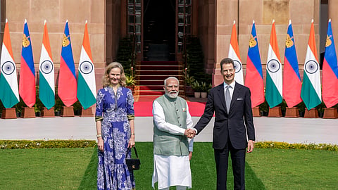 Prime Minister Narendra Modi with Hereditary Prince Alois and Hereditary Princess Sophie of Liechtenstein before a bilateral meeting at Hyderabad House, in New Delhi, Tuesday, Oct. 27, 2026.