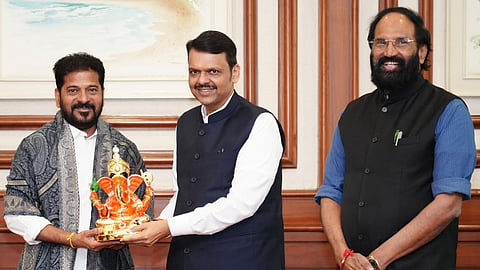 Telangana CM Revanth Reddy meets his Maharashtra counterpart Devendra Fadnavis along with irrigation minister N Uttam Kumar Reddy in Mumbai over the inter-state dispute and proposed Tummidihatti barrage.