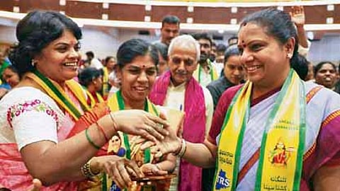 Telangana Rakshana Sena chief
K Kavitha during a meeting of the BCs in Hyderabad on Wednesday