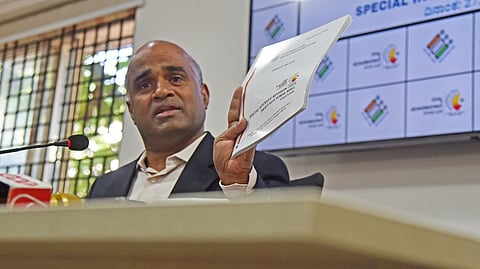 Chief Electoral Officer, Karnataka, V Anbukkumar, addresses the media in Bengaluru on Tuesday.