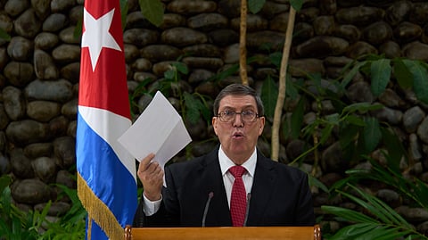 Cuban Foreign Minister Bruno Rodriguez gives a news conference regarding the U.S embargo in Havana, Wednesday, Oct. 21, 2026.
