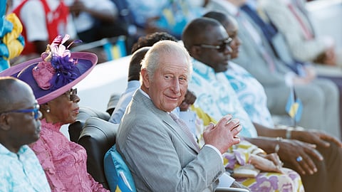 Britain's King Charles III watches a youth performance at The Future Bahamas Youth Rally and Exhibition at Clifford Park in Nassau, Bahamas, Tuesday, Oct. 27, 2026.