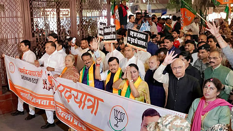 BJP National President Nitin Nabin, along with Delhi BJP President Harsh Malhotra, Delhi Chief Minister Rekha Gupta and other leaders, joins the 'Loktantra Bachao Arajakta Hatao' Padyatra at the Chandani Chowk area in New Delhi on Wednesday, Oct. 28, 2026.