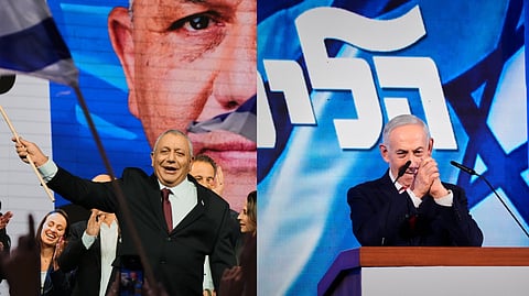 Gadi Eisenkot, waves an Israeli flag onstage following the release of the first exit poll results in Israel's general election in Tel Aviv, Israel (L), Israeli Prime Minister Benjamin Netanyahu greets his supporters at Likud party headquarters in Jerusalem (R).
