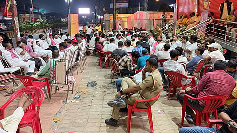 Samajwadi Party workers outside the counting centre in Varanasi.