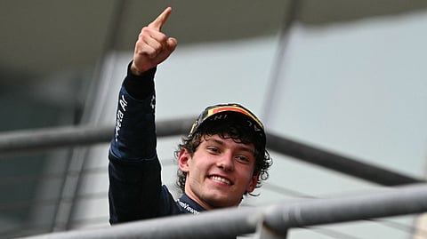 Mercedes' Italian driver Kimi Antonelli celebrates after winning the United States Formula One Grand Prix at the Circuit of the Americas in Austin, Texas, on October 25, 2026.