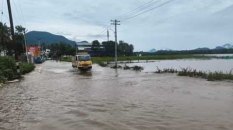 Water submerged road at Derisanamcope near Pazhayar River in Kanniyakumari district.