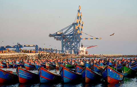 Fishing boats anchored at Vizhinjam harbour, in Thiruvananthapuram