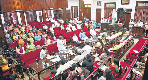 Greater Chennai Corporation Mayor R Priya chairing the monthly council meeting at Ripon Building on Thursday. Corporation Commissioner GS Sameeran is also seen seated beside her