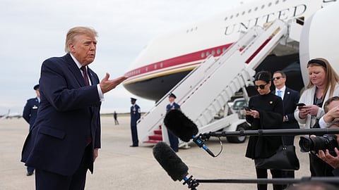 President Donald Trump speaks to reporters before boarding Air Force One, Wednesday, Oct. 28, 2026, at Joint Base Andrews, Md.