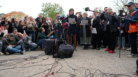 Student Filip Ubovic speaks during a news conference by Serbia's student movement demanding the resignations of top police and security officials in Belgrade, Serbia, Thursday, Oct. 29, 2026.