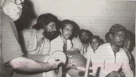 Singer K.J. Yesudas playing ganjira for Ilaiyaraaja's music concert at Sabarimala