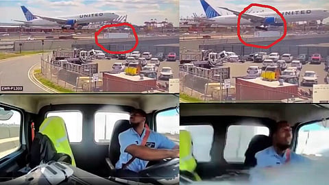 footage of the United Airlines Boeing 767 hit a truck at Newark with a tire