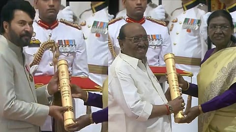 Mammootty and Vellappally Natesan receiving Padma Bhushan awards