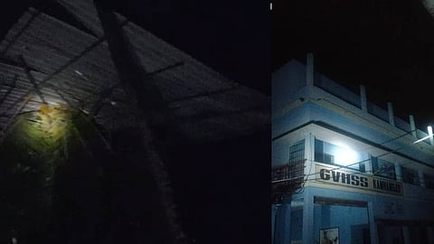 കാഞ്ഞങ്ങാട് ശക്തമായ കാറ്റ്; സ്കൂളിന്റെ മേല്ക്കൂര പറന്ന് വീണത് തെങ്ങിന് മുകളില്