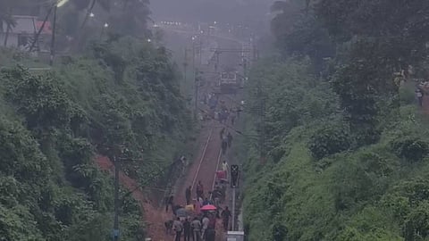 A train derailed in Parassala after soil caved in onto the railway tracks
