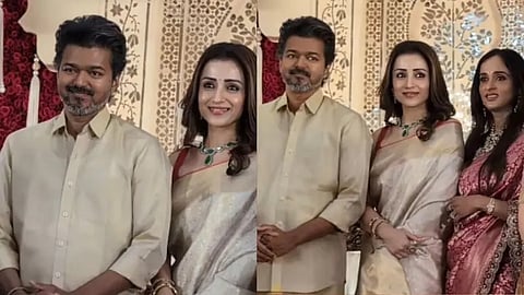 വിജയും തൃഷയും തമിഴ് സിനിമാനിർമാതാവ് കല്പ്പാത്തി എസ്. സുരേഷിന്റെ മകന്റെ വിവാഹ വിരുന്നില്