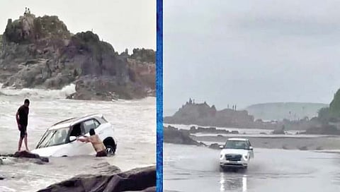 वागातोर ः येथील किनार्यावर अशा प्रकारे कार अडकली होती.