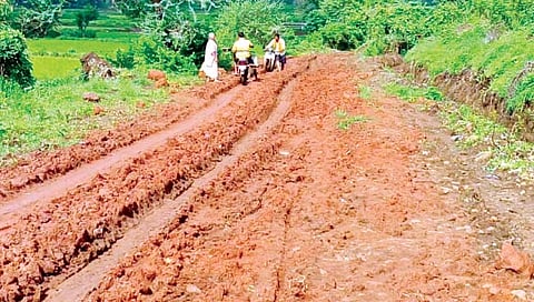 बेळगाव : कंग्राळी शिवारातील रस्त्यावर चिखल