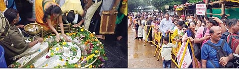 भीमाशंकर मंदिर व पवित्र शिवलिंग. दुसर्या छायाचित्रात दर्शनरांगेतील भाविक. (छाया : अशोक शेंगाळे)