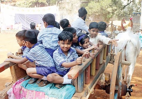बैलगाडीची मनसोक्त रपेट मारून झाल्यावर लहानग्यांच्या चेहर्यावर असे हास्य फुलले.