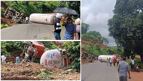Mumbai-Goa Highway Accident | रत्नागिरी : निवळी घाटात गॅसवाहू टँकर उलटला; मुंबई-गोवा मार्गावरील वाहतूक ठप्प