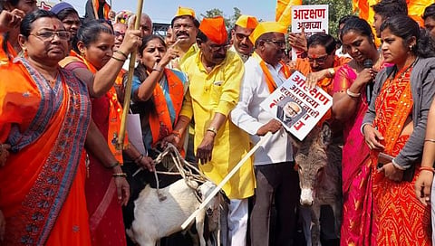 छत्रपती संभाजीनगर : मराठा आरक्षणासाठी मुकुंदवाडी येथे उंट, गाढव, शेळ्यांच्या गळ्यात अडकवले नेत्यांचे पोस्टर; फोटोंना काळे फासले